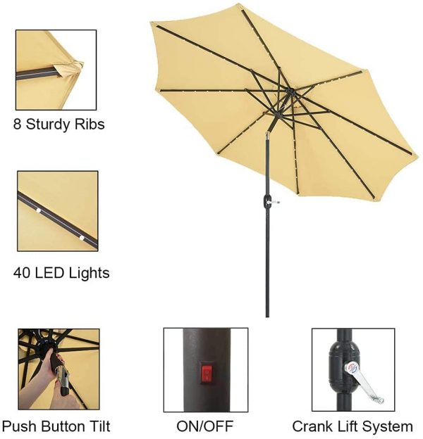 10-Ft Patio Umbrella 40 LED Lighted Solar Umbrella with Push Button Tilt and Crank - Image 4