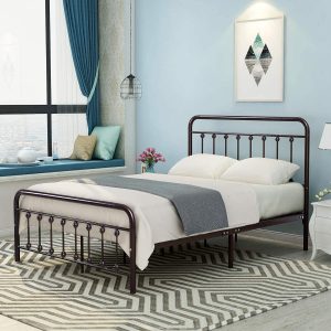 Metal Bed Frame Queen Size Platform with Vintage Headboard and Footboard Sturdy