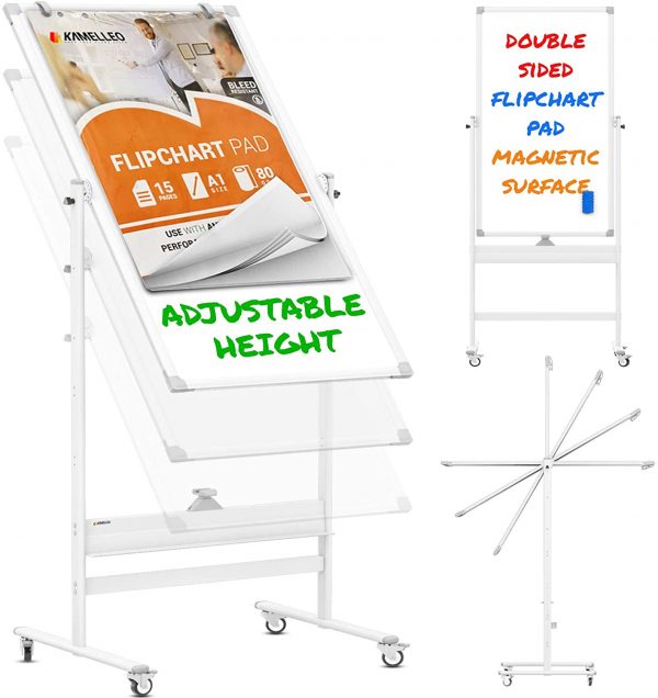 Mobile Whiteboard - 48x24 Large Adjustable Height 360? Reversible Double Sided Dry Erase Board