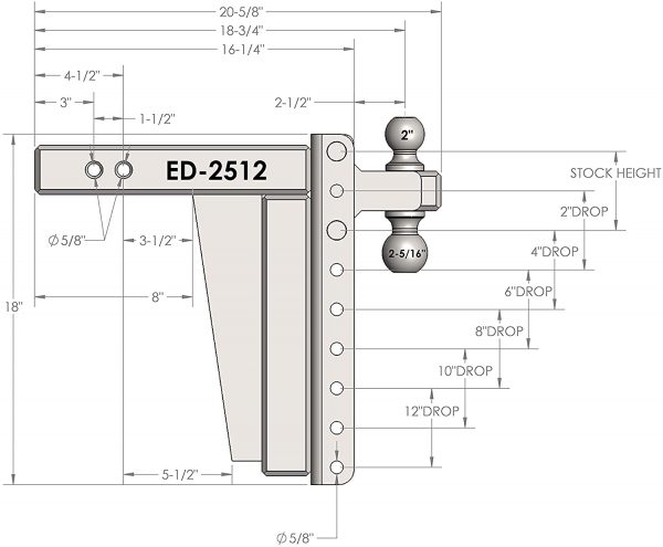 2.5" Adjustable Extreme Duty (36,000lb Rating) 12" Drop/Rise Trailer Hitch with 2" and 2 5/16" Dual Ball - Image 3