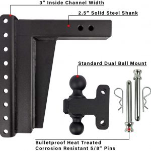 2.5" Adjustable Extreme Duty (36,000lb Rating) 12" Drop/Rise Trailer Hitch with 2" and 2 5/16" Dual Ball