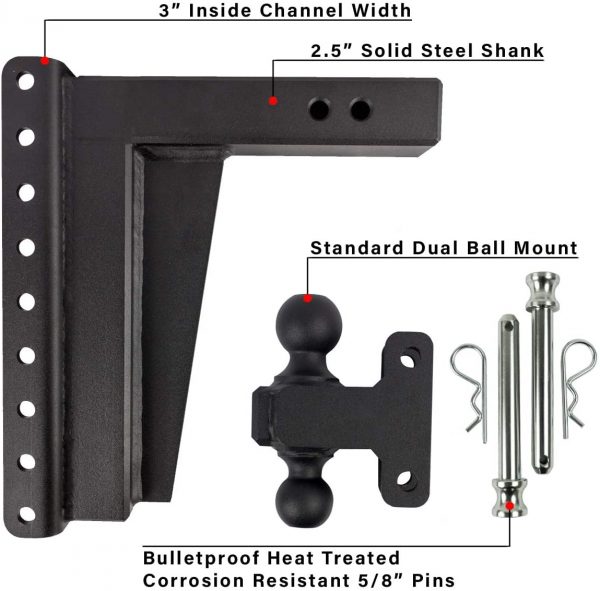 2.5" Adjustable Extreme Duty (36,000lb Rating) 12" Drop/Rise Trailer Hitch with 2" and 2 5/16" Dual Ball