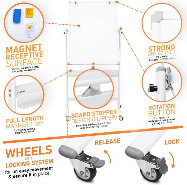Mobile Whiteboard - 48x24 Large Adjustable Height 360? Reversible Double Sided Dry Erase Board - Image 2